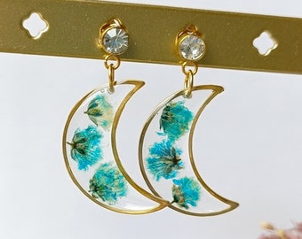 Dried Flower Earrings Turquoise Baby's Breath Moon Earrings Dangle, Real pressed flowers, Botanical Jewelry, Gypsophila Earrings Gold Filled