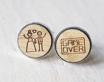 Game over groomsmen proposal wooden custom wedding cufflinks,  Just married wood best selling items personalized groom gift for him