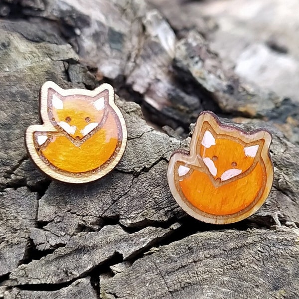 Wood resin stud fox ears earrings, epoxy resin fantastic mr fox studs jewelry birthday gift, best friend gifts for her