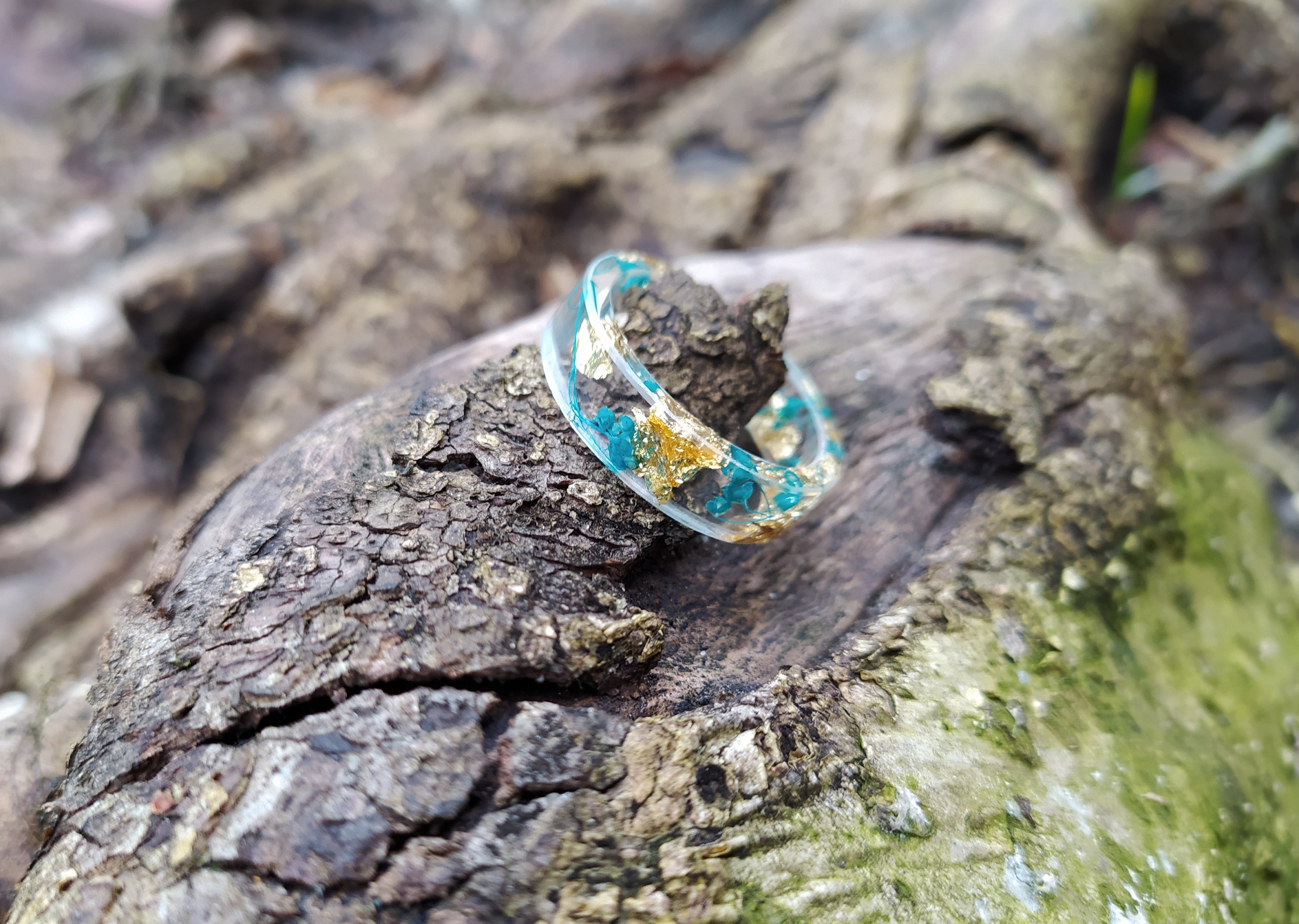 Pressed Flower Gold Flakes Sea Shells Resin Ring, Cool Forest Girl Proposal Promise Simple Wedding Rings Band