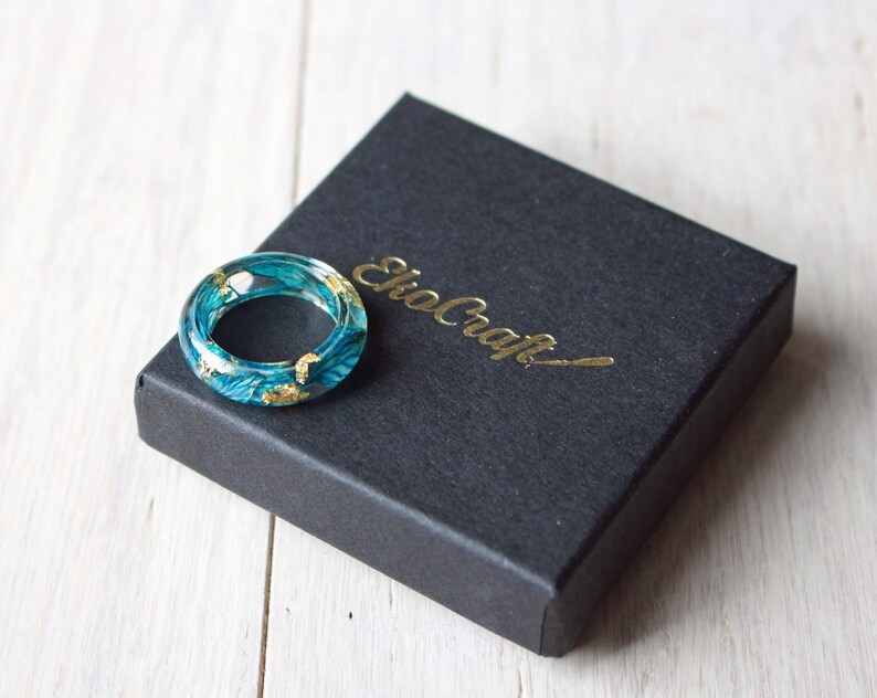 Pressed flower hydrangea plant gold flakes wood and resin ring Cool forest girl proposal promise simple wedding rings band,