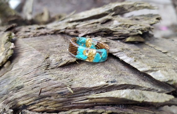 Wood Resin Turquoise Ring Gold Flakes Epoxy Cool Chunky Promise
