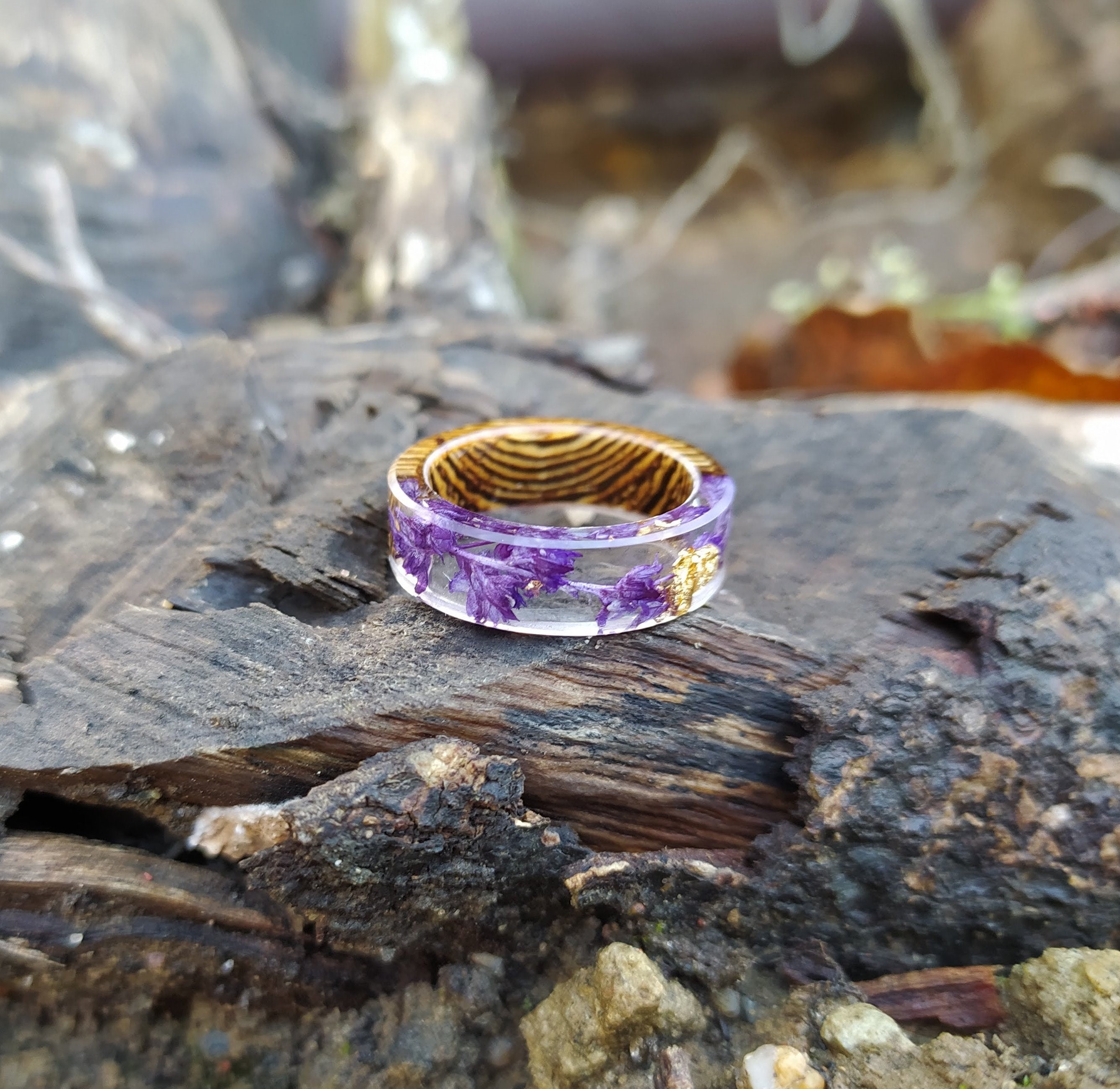 Resin pressed flower ring, Wood resin epoxy simple wedding band, Unique statement band rings, Engagement gifts for couple