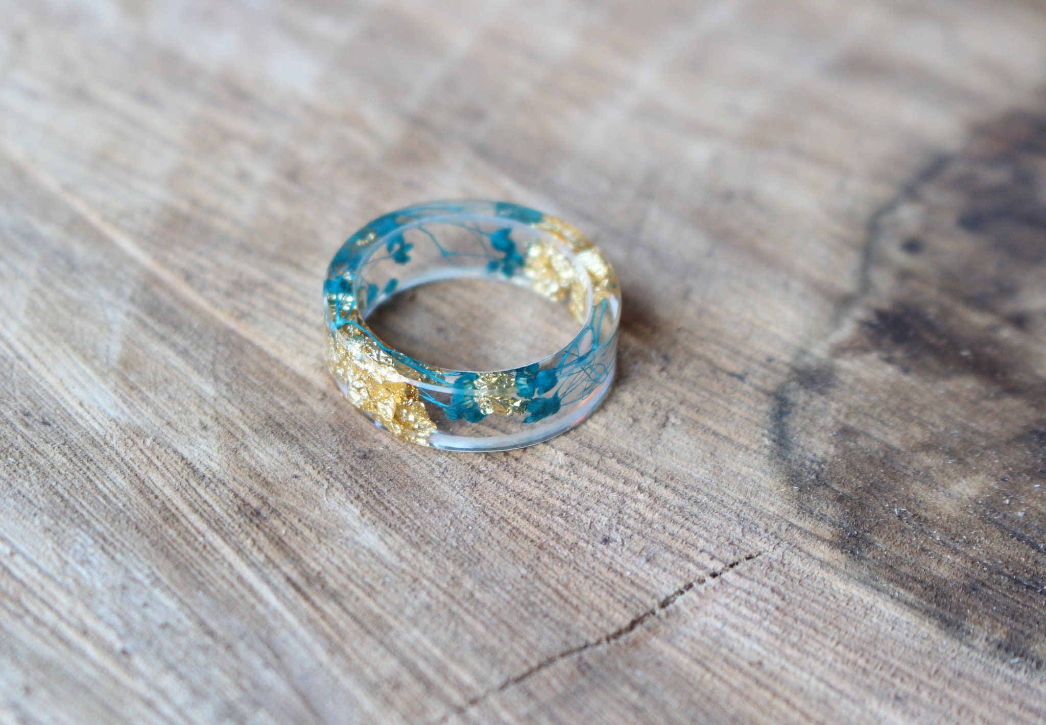 Pressed Flower Gold Flakes Sea Shells Resin Ring, Cool Forest Girl Proposal Promise Simple Wedding Rings Band