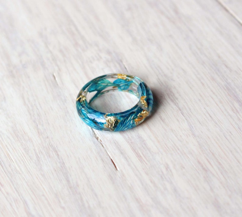 Pressed flower hydrangea plant gold flakes wood and resin ring Cool forest girl proposal promise simple wedding rings band,