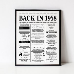 1958 Back in 1958 Fun Facts 1958 Trivia Birthday Sign 1958 16x20, 8x10, 5x7 INSTANT DOWNLOAD image 1