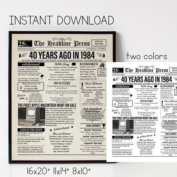 1984 40th Newspaper Birthday | Back in 1984 | Fun Facts 1984 | Trivia | Birthday Sign 1984 | 16x20", 11x14", 8x10" INSTANT DOWNLOAD