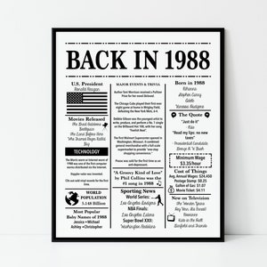 1988 Back in 1988 Fun Facts 1988 Trivia Birthday Sign 1988 16x20, 8x10 ...