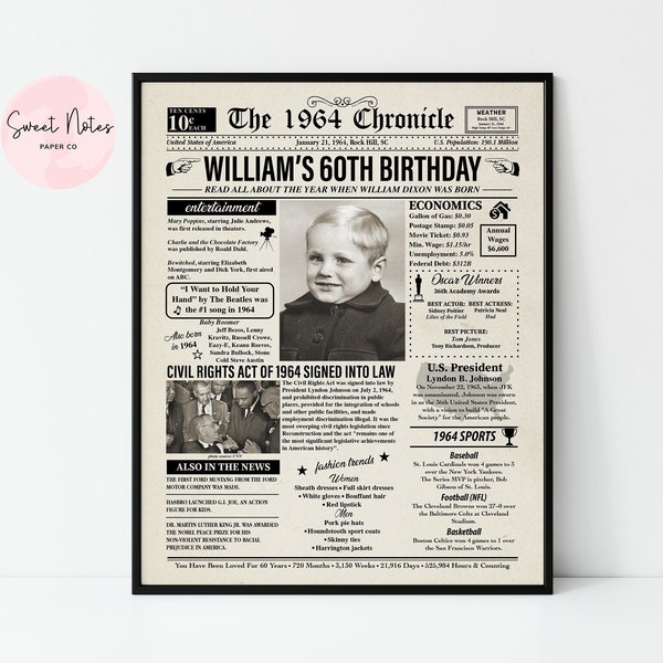 Personalized 1964 60th Birthday | Newspaper Back in 1964 | Anniversary | NEWSPAPER | Poster DIGITAL or PRINTED | Personalized Gift