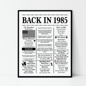 1985 | Back in 1985 | Fun Facts 1985 | Trivia | Birthday Sign 1985 | 16x20", 8x10", 5x7" INSTANT DOWNLOAD