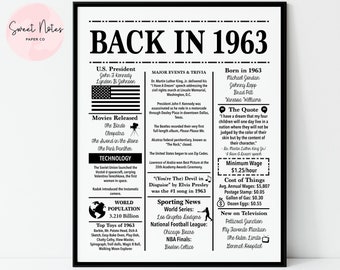 1963 | Back in 1963 | Fun Facts 1963 | Trivia | Birthday Sign 1963 | 16x20", 8x10", 5x7" INSTANT DOWNLOAD