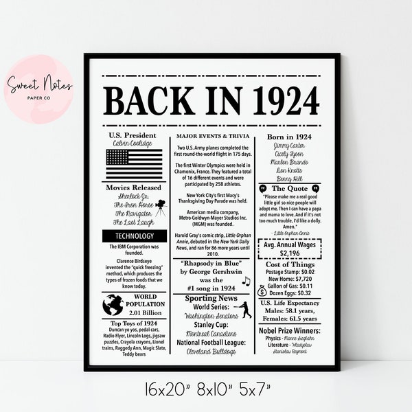 1924 100th Birthday | Back in 1924 | Fun Facts 1924 | Trivia | Birthday Sign 1924 | 16x20", 8x10", 5x7" INSTANT DOWNLOAD