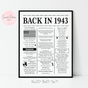 1943 | Back in 1943 | Fun Facts 1943 | Trivia | Birthday Sign 1943 | 16x20", 8x10", 5x7" INSTANT DOWNLOAD