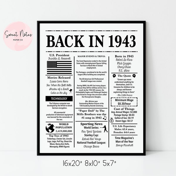 1943 | Back in 1943 | Fun Facts 1943 | Trivia | Birthday Sign 1943 | 16x20", 8x10", 5x7" INSTANT DOWNLOAD