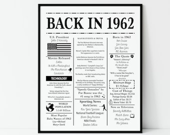 1962 | Back in 1962 | Fun Facts 1962 | Trivia | Birthday Sign 1962 | 16x20", 8x10", 5x7" INSTANT DOWNLOAD
