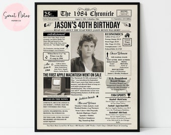 Personalized 1984 40th Birthday | Newspaper Back in 1984 | Anniversary | NEWSPAPER | Poster DIGITAL or PRINTED | Personalized Gift