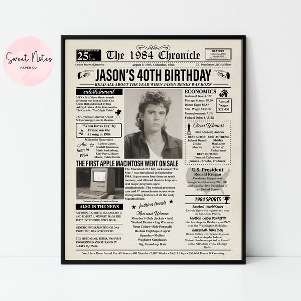Personalized 1984 40th Birthday | Newspaper Back in 1984 | Anniversary | NEWSPAPER | Poster DIGITAL or PRINTED | Personalized Gift