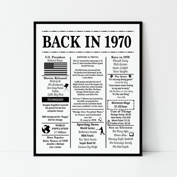 1970 | Back in 1970 | Fun Facts 1970 | Trivia | Birthday Sign 1970 | 16x20", 8x10", 5x7" INSTANT DOWNLOAD