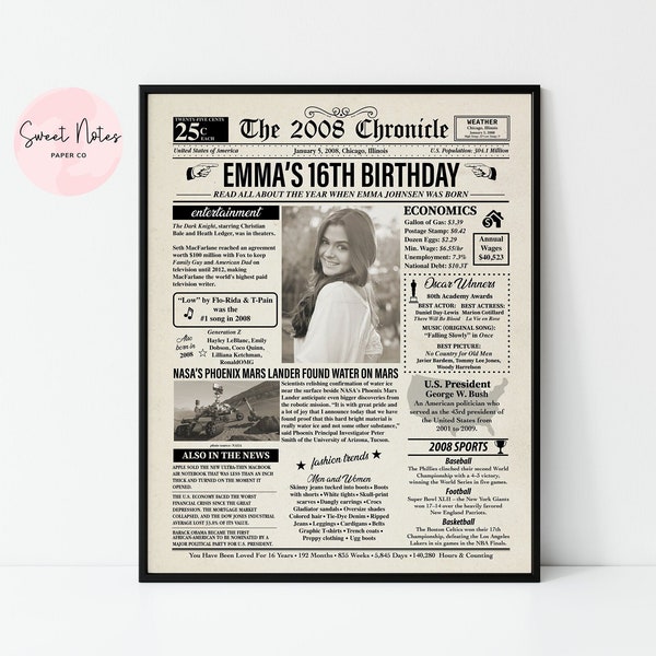 Personalized 2008 16th Birthday | Back in 2008 | 16th Birthday NEWSPAPER | Poster DIGITAL or PRINTED | Personalized Gift