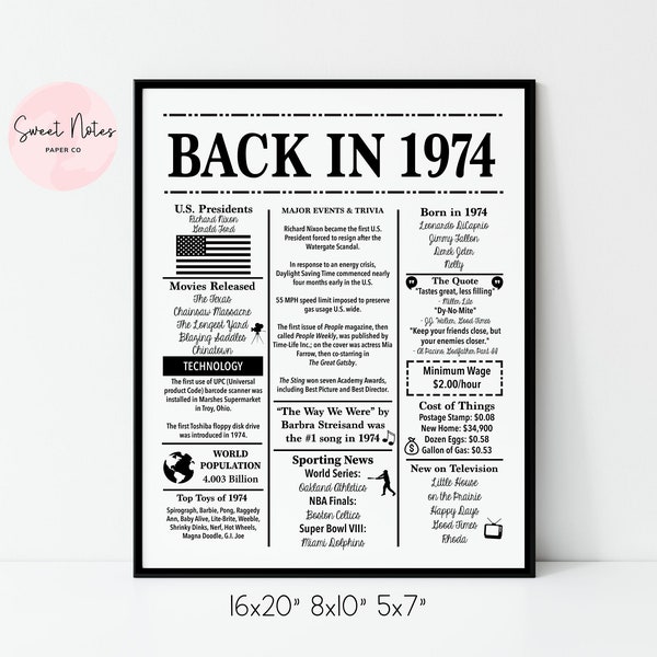 1974 50th Birthday | Back in 1974 | Fun Facts 1974 | Trivia | Birthday Sign 1974 | 16x20", 8x10", 5x7" INSTANT DOWNLOAD