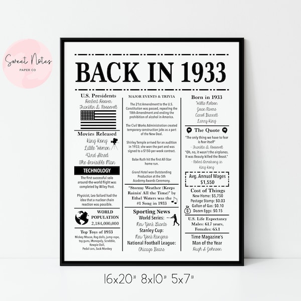 1933 | Back in 1933 | Fun Facts 1933 | Trivia | Birthday Sign 1933 | 16x20", 8x10", 5x7" INSTANT DOWNLOAD