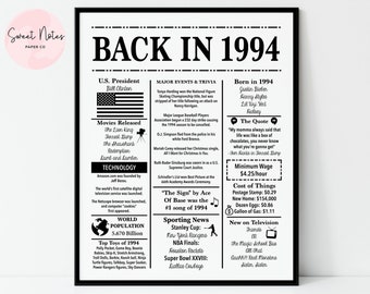 1994 30th Birthday | Back in 1994 | Fun Facts 1994 | Trivia | Birthday Sign 1994 | Born in 1994 | 16x20", 8x10", 5x7" INSTANT DOWNLOAD