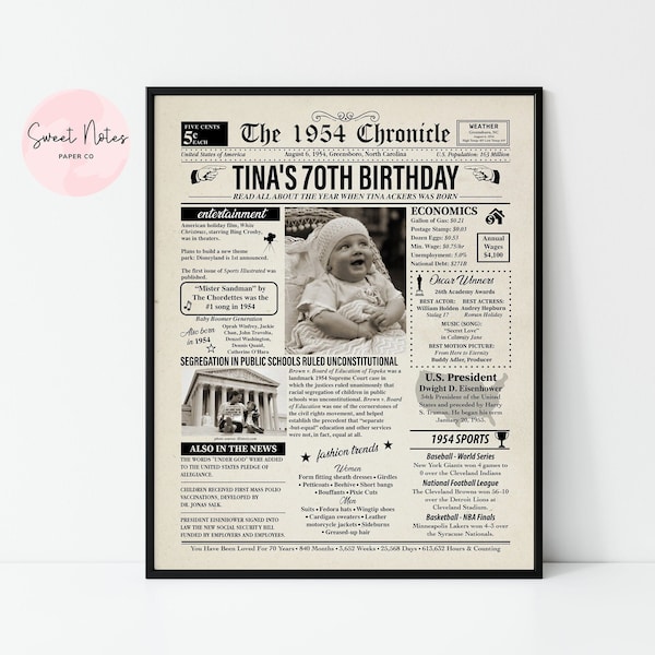 Personalized 1954 70th Birthday | Newspaper Back in 1954 | Anniversary | NEWSPAPER | Poster DIGITAL or PRINTED | Personalized Gift