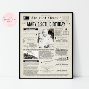 Personalized 1934 90th Birthday | Newspaper Back in 1934 | Anniversary | NEWSPAPER | Poster DIGITAL or PRINTED | Personalized Gift