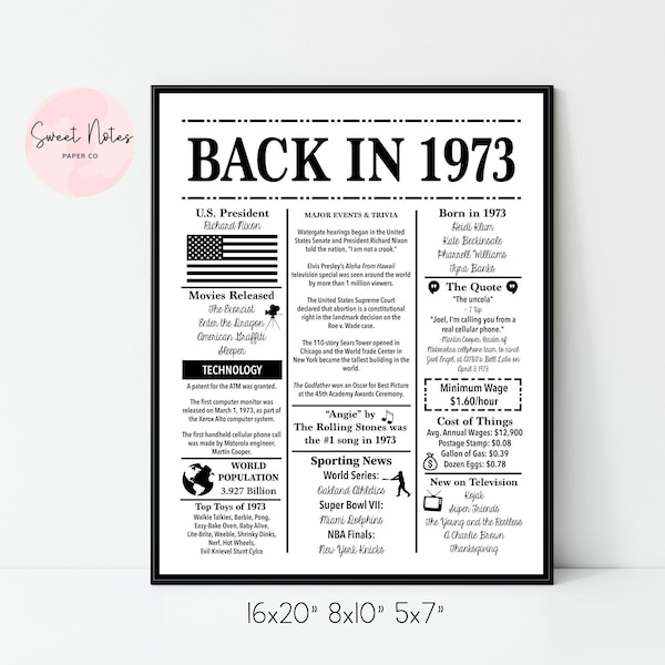 1973 | Back in 1973 | Fun Facts 1973 | Trivia | Birthday Sign 1973 | 16x20", 8x10", 5x7" INSTANT DOWNLOAD