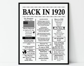 1920 | Back in 1920 | Fun Facts 1920 | Trivia | Birthday Sign 1920 | 16x20", 8x10", 5x7" INSTANT DOWNLOAD