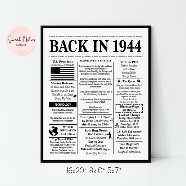 1944 80th Birthday | Back in 1944 | Fun Facts 1944 | Trivia | Birthday Sign 1944 | 16x20", 8x10", 5x7" INSTANT DOWNLOAD