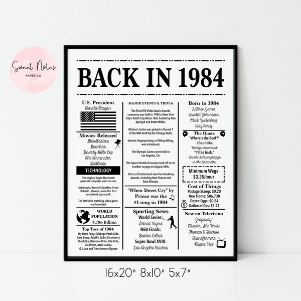 1984 40th Birthday | Back in 1984 | Fun Facts 1984 | Trivia | Birthday Sign 1984 | 16x20", 8x10", 5x7" INSTANT DOWNLOAD