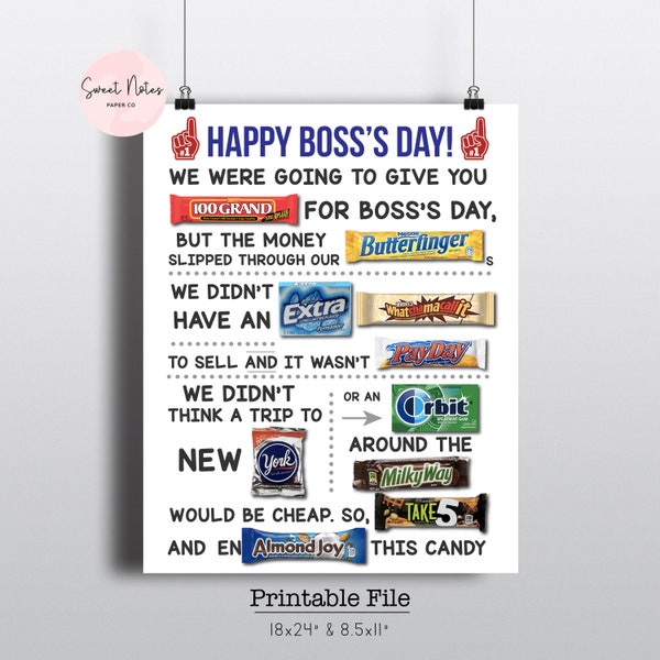 Boss's Day Appreciation | Candy Board | Candy Card | Candy Gram | Thank You | Gift | DIGITAL FILE | Printable 18x24" 8.5x11" | Gift