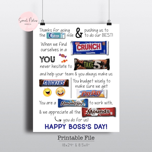 Boss's Day Appreciation | Candy Board | Candy Card | Candy Gram | Thank You | Gift | DIGITAL FILE | Printable 18x24" 8.5x11" | Gift