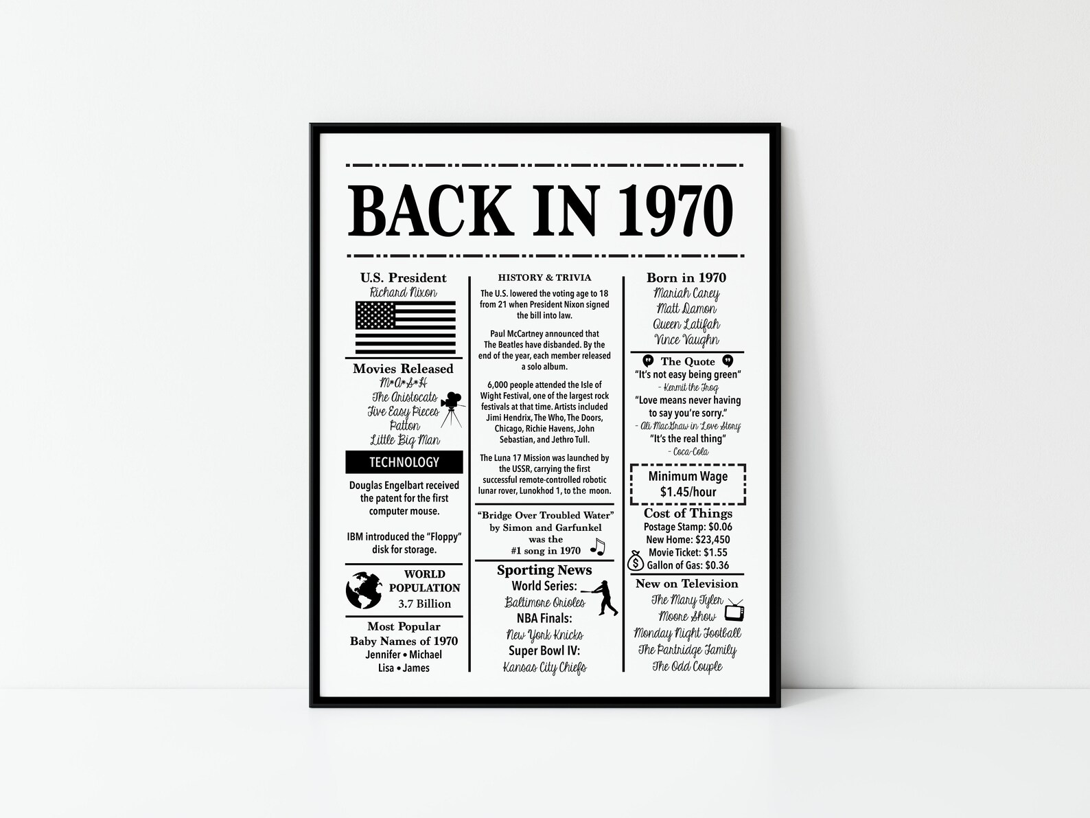 1970 Back in 1970 Fun Facts 1970 Trivia Birthday Sign - Etsy