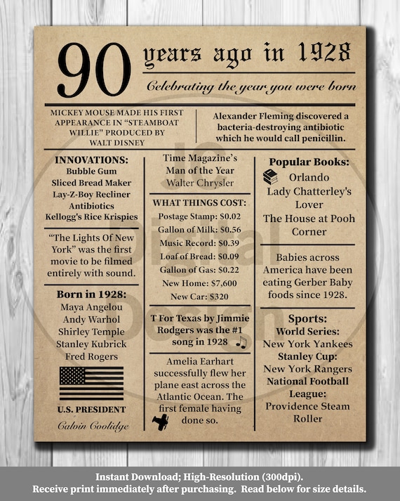 90th Birthday NEWSPAPER Poster 1928 Facts 16X20 | Etsy 90th Birthday NEWSPAPER Poster 1928 Facts 16X20 | Etsy