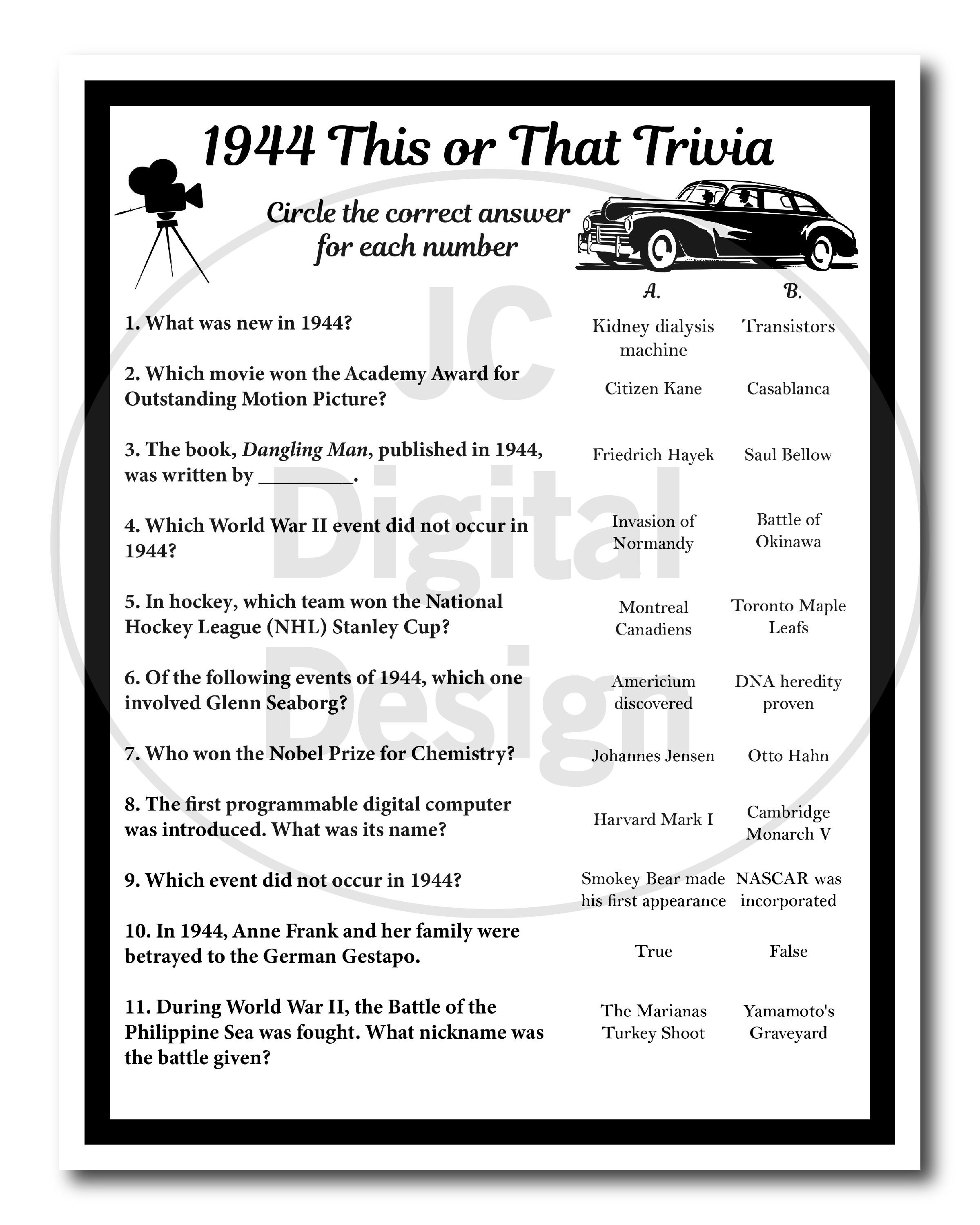1944 Birthday Trivia Game 1944 Birthday Parties Games Etsy 