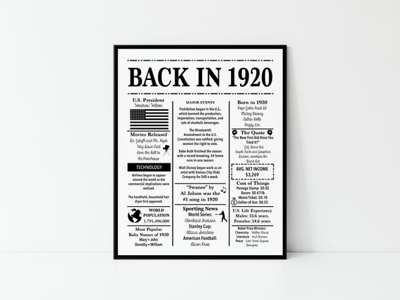 1920 Back in 1920 Black and White Poster Birthday 1920 Facts - Etsy