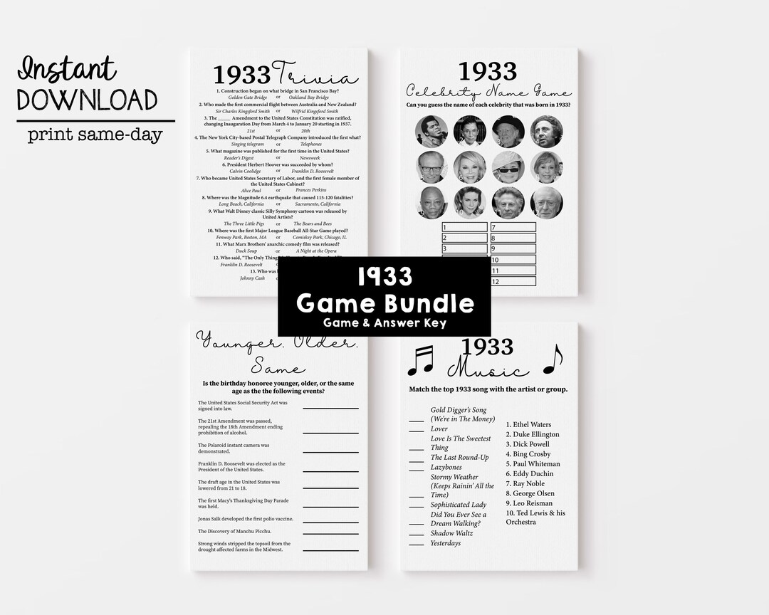 1933 90th Birthday Birthday Games Born in 1933 Printable Birthday Party ...