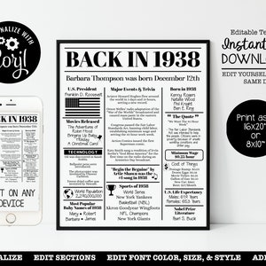 EDITABLE 1938 | Back in 1938 | Birthday Poster | Fun Facts 1938 | Anniversary Trivia | 16x20", 8x10" INSTANT DOWNLOAD | Corjl