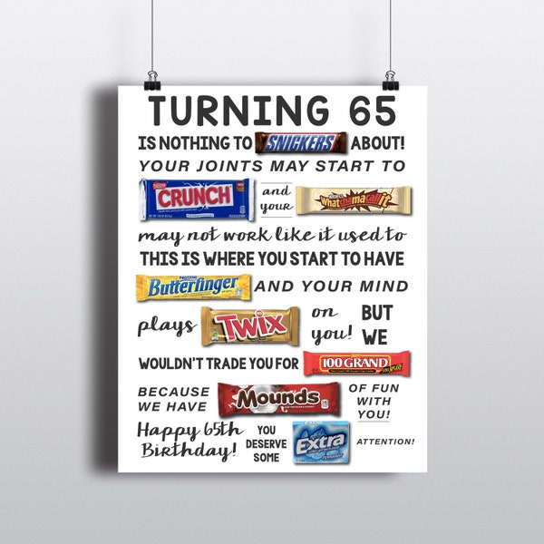 Affiche de bonbons IMPRIMABLE 65e anniversaire | Signe de bonbons d'anniversaire | Idées pour le 65e anniversaire | Candygramme | Cadeau d'anniversaire drôle | Bricolage Numérique