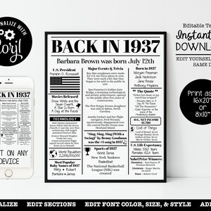 EDITABLE 1937 Back in 1937 Birthday Poster Fun Facts 1937 Anniversary