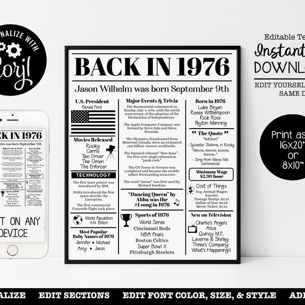 EDITABLE 1976 Birthday | Back in 1976 | Birthday Poster | Fun Facts 1976 | Anniversary Trivia | 16x20", 8x10" INSTANT DOWNLOAD | Corjl