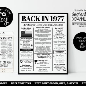 EDITABLE 1977 | Back in 1977 | Birthday Poster | Fun Facts 1977 | Anniversary Trivia | 16x20", 8x10" INSTANT DOWNLOAD | Corjl