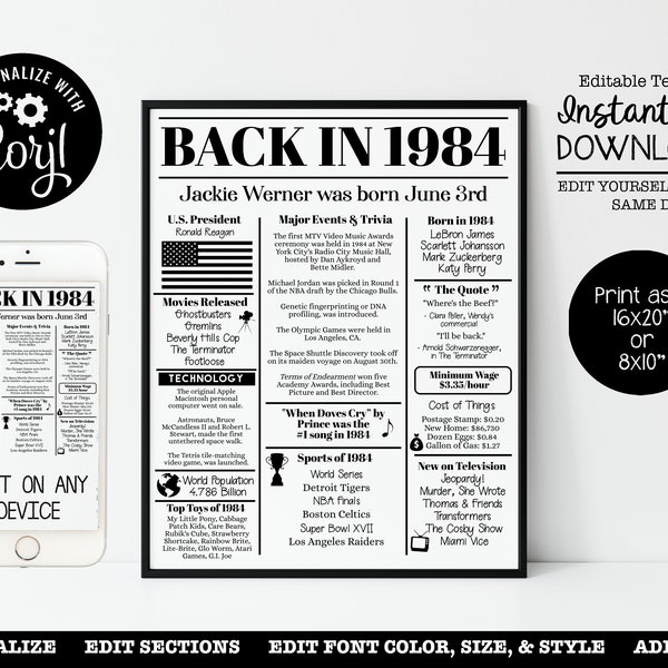 EDITABLE 1984 40th Birthday | Back in 1984 | Birthday Poster | Fun Facts 1984 | Anniversary Trivia | 16x20", 8x10" INSTANT DOWNLOAD | Corjl