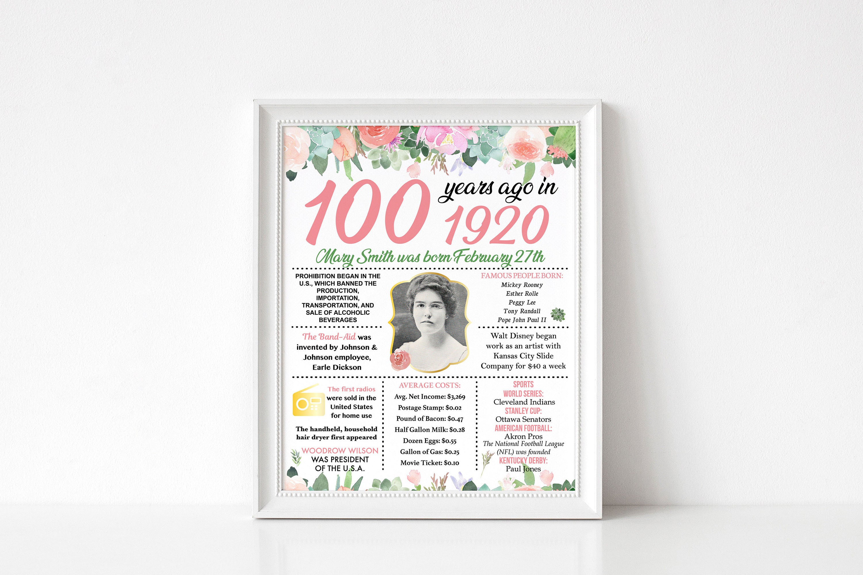 Personalized 100th Birthday Flowers Poster Floral 1920 Facts | Etsy