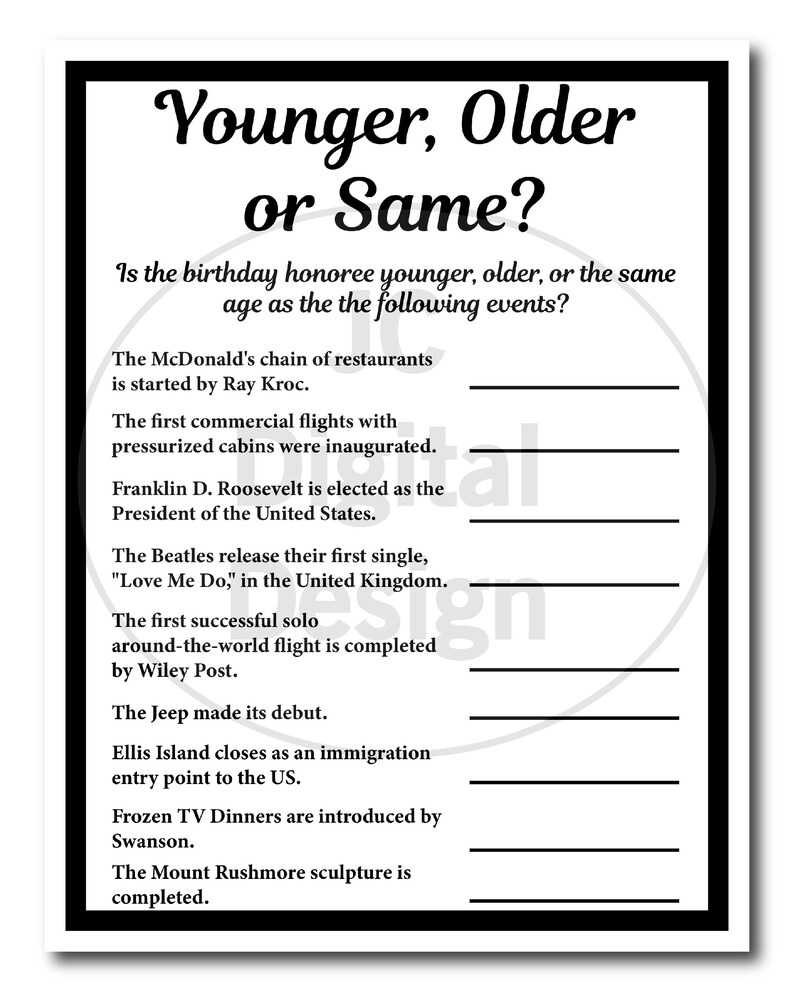 1940 Birthday Trivia Game 1940 Birthday Parties Fun Game Etsy