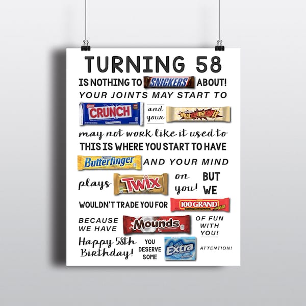 58th Birthday PRINTABLE Candy Poster | Birthday Candy Sign | 58th Birthday Ideas | Candygram | Funny Birthday Gift | DIY Digital