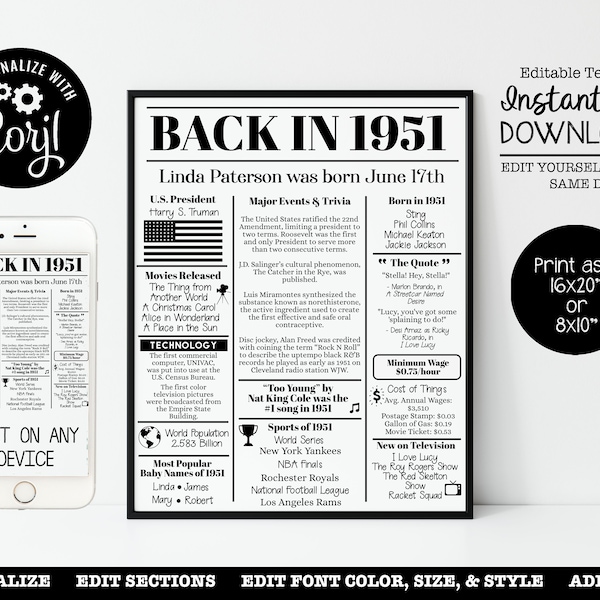 EDITABLE 1951 | Back in 1951 | Birthday Poster | Fun Facts 1951 | Anniversary Trivia | 16x20", 8x10" INSTANT DOWNLOAD | Corjl