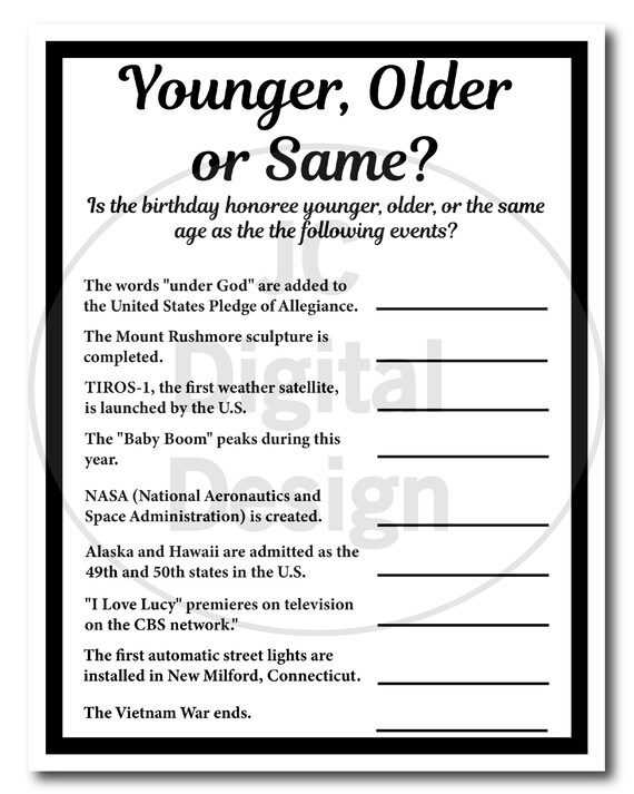 1959 Birthday Trivia Game 1959 Birthday Parties Games Etsy